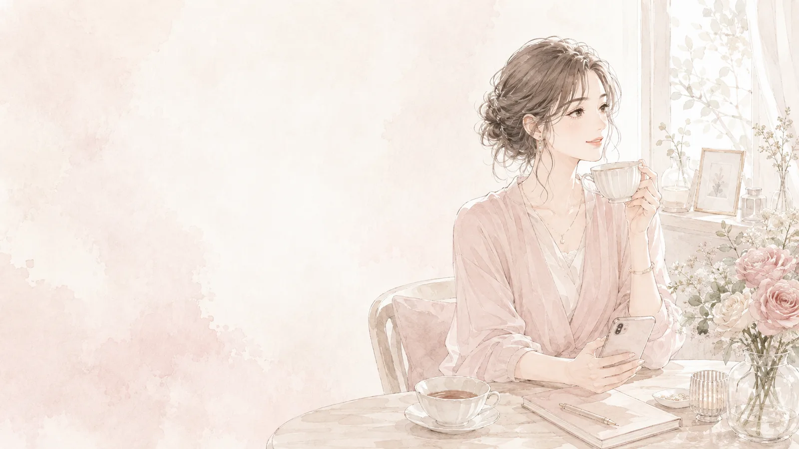 飲み物を片手に将来の出会いについて考える30代女性の水彩イラスト
