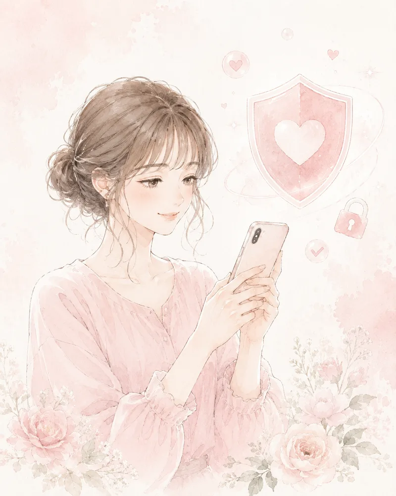 スマートフォンを安全に利用する女性と盾や鍵を描いた水彩イラスト